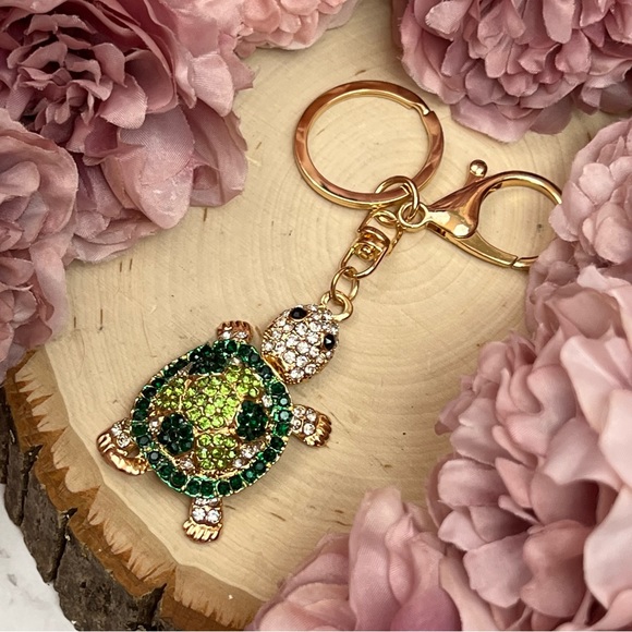 Green and Silver Crystal Turtle Keychain Charm - Picture 7 of 16